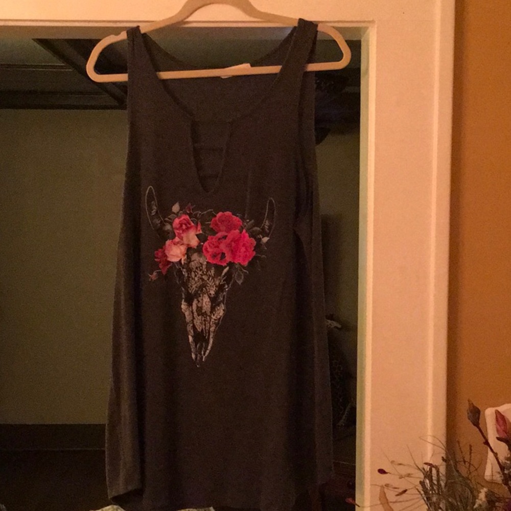 Eighty Eight Charcoal Tank Top with Floral Steer Skull Graphic